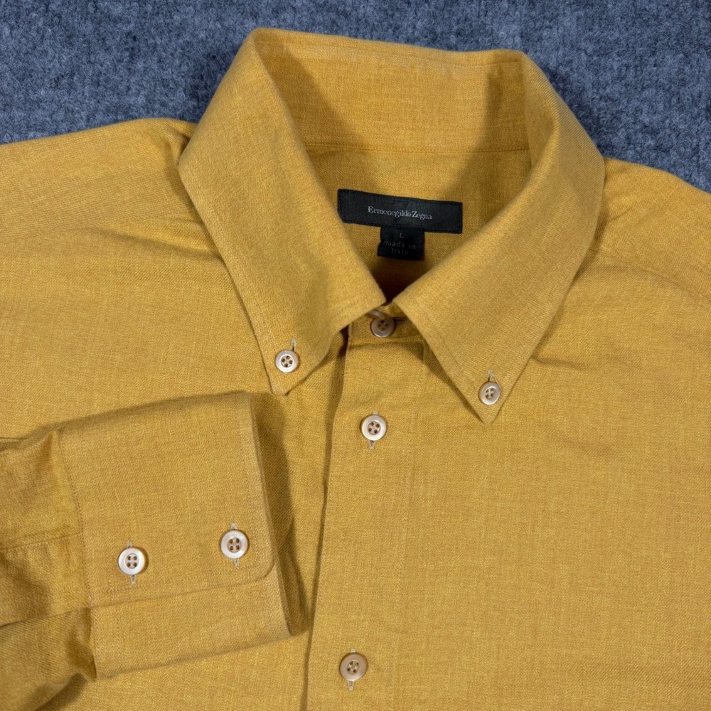 Ermenegildo Zegna Button Down Shirt L Mustard Yellow Cotton Made in Italy EUC